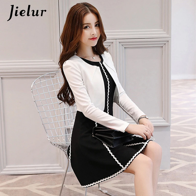 Jielur Elegant Stripe White Black Dress Set Autumn Classic Chic 2 Piece Women Korean Fashion Conjunto Feminino S-XL Dropship | Женская