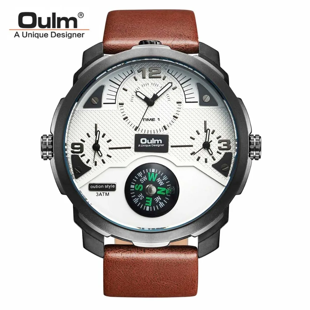 

Oulm Brand Big Dial Design Men's Watches Top Sports Quartz Wrist Watch Compass for Decoration Three Time Zone PU Strap Watch New