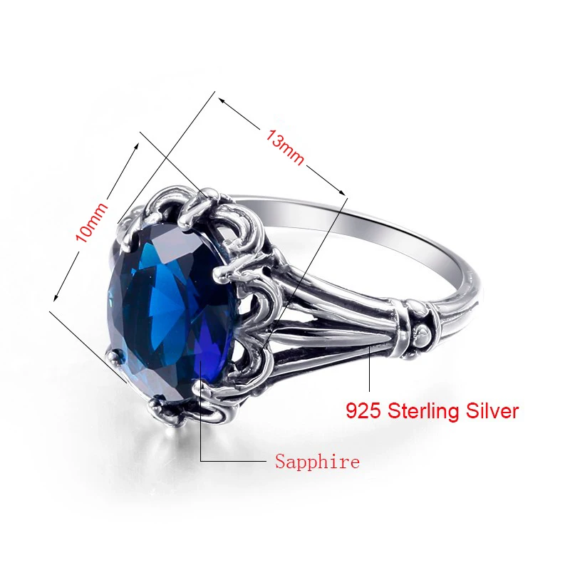 

Edward Antique Jewelry Created Sapphire Stone Ring 925 Sterling Silver Women Vintage Ring Hollow Out Engraved Flower Jewelry