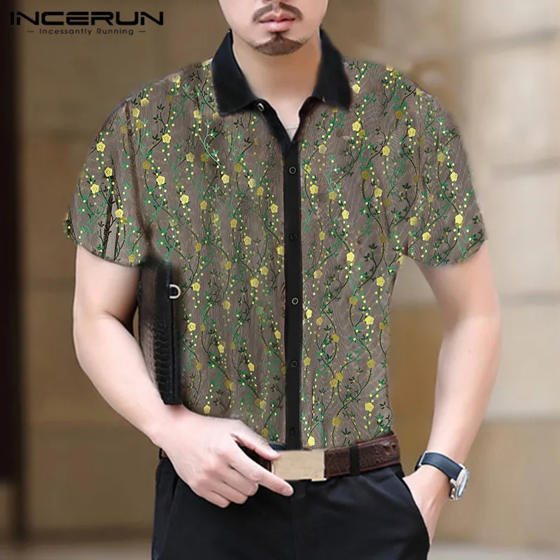 INCERUN Mesh Men Shirt Printing Transparent Sexy Short Sleeve Slim Fit Party Tops See Through Fashion Club Lace Shirts Men