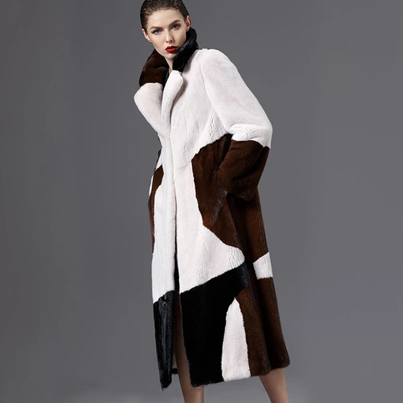 LVCHI Winter 2019 Import Mink Fur Coat Women's Long Sleeve Coat Patchwork Color Real Natural Fur X-Long Tassel Causal Mink Coats