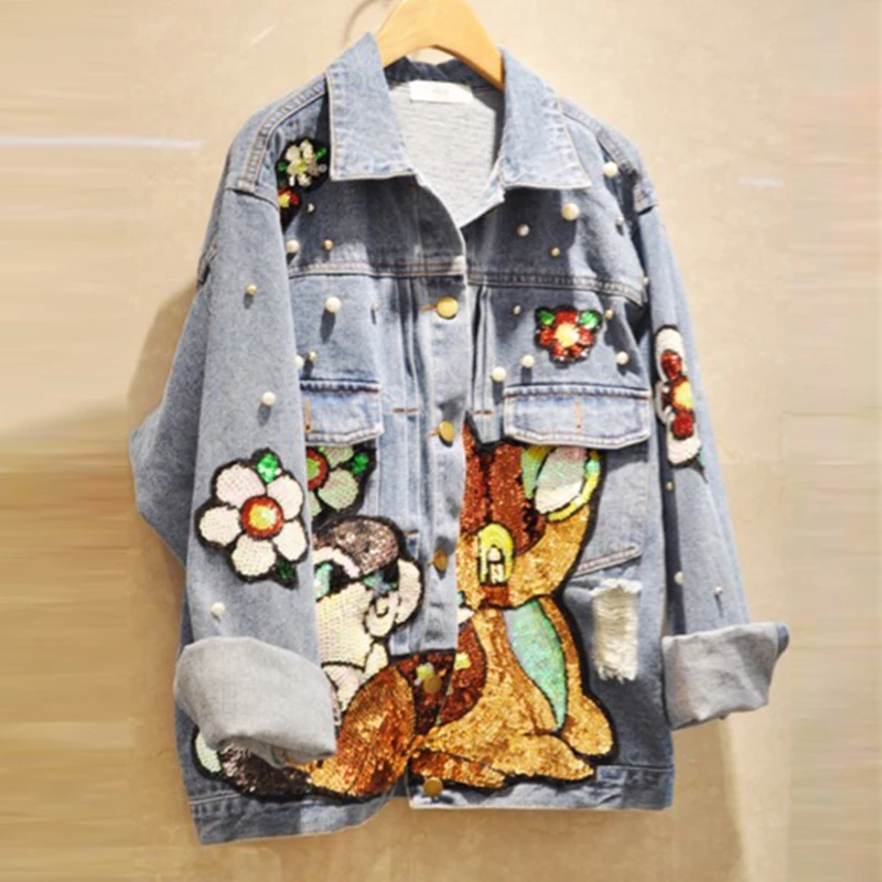 Женская джинсовая куртка бомбер с вышитыми цветами и блестками|bomber flower|denim coatsequin