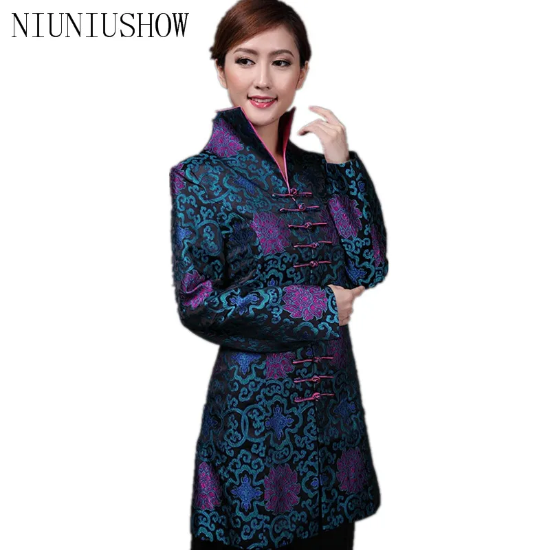 Синяя китайская женская атласная длинная куртка со скидкой классический стиль v