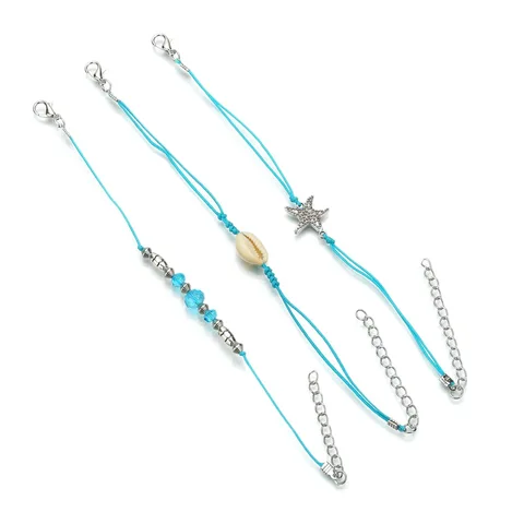 Богемный браслет на ногу, ракушки в виде морской звезды, синий цвет, набор из трех предметов, аксессуары для женщин, пляжный браслет на лодыжку