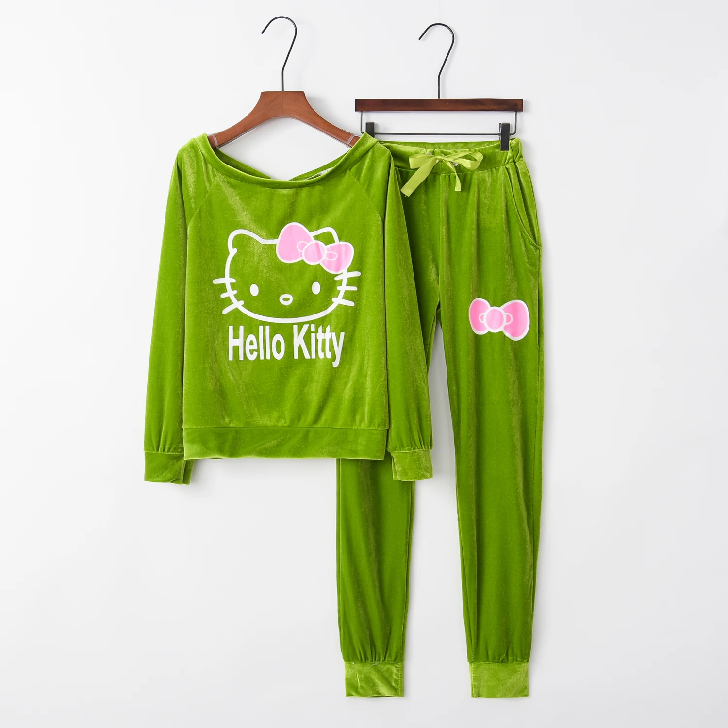 Green Новинка, женские спортивные костюмы с принтом, с круглым вырезом, комплект, костюмы для женщин, толстовки, Толстовка для женщин, длинные штаны для женщин, 10 hello kitty - Цвет: Green