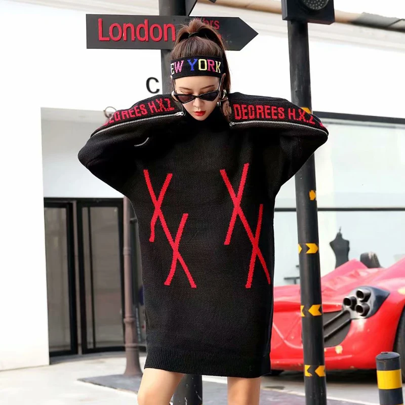 Tide brand 2018 autumn and winter new personality high collar handsome knit letter zipper color matching long sweater women | Женская