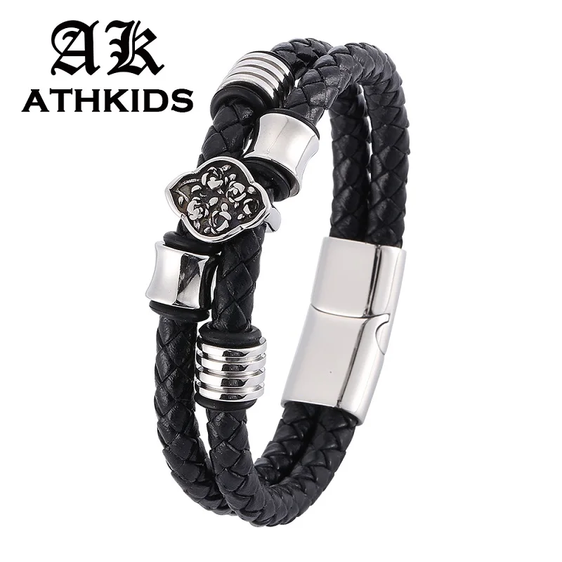 

Fashion Woven Leather Bracelet Men Stainless Steel Magnetic Clasp Double Layer Braided Bracelets Male Jewelry Gifts PD0340