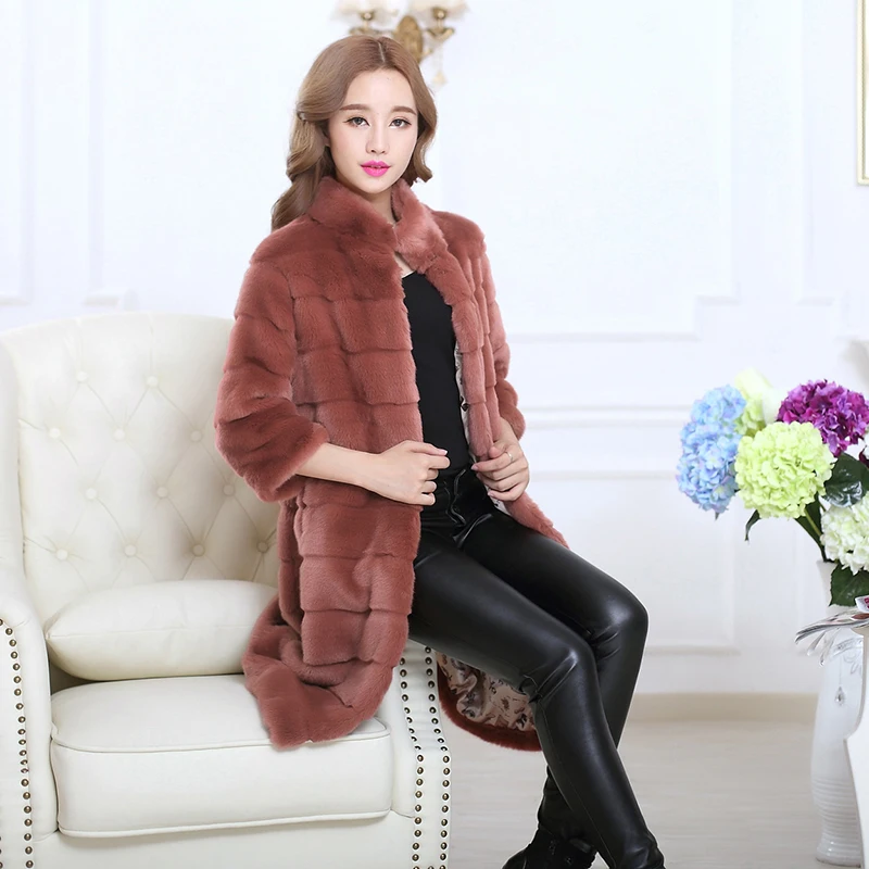 Women Faux Rex Rabbit Fur Coat N1