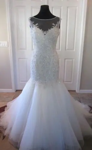 

Crystals Mermaid Wedding Dress Illusion Scoop Long Bride Gowns Brilliant Beaded Tulle Bridal Dresses 2020