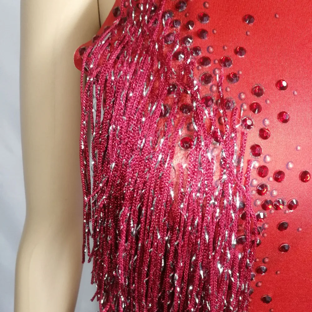 Female Dance Teams Jazz Stage Outfit Red Tassels Rhinestones Backless Bodysuit Nightclub Bar DJ Singer Latin Pole Dance Costume