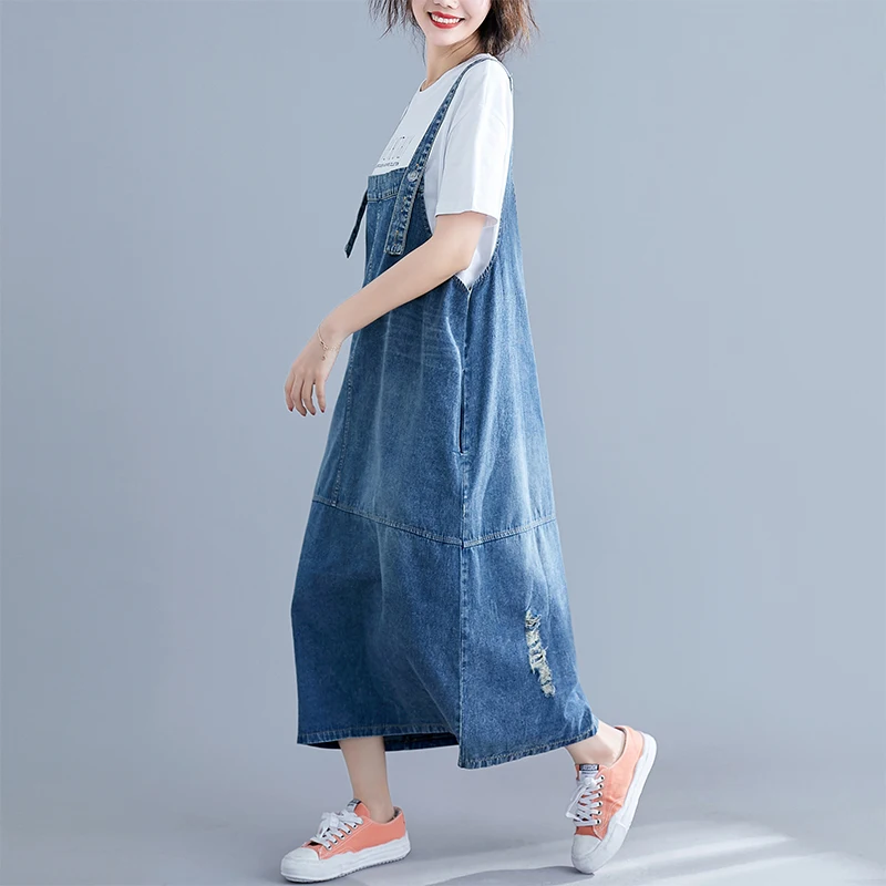 0406 Overalls Suspender Denim Dress Women Loose Plus Size Backless Spaghetti Strap Jeans Dress Female Vestidos Casual Summer