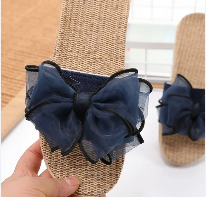 Dark Blue Новые тапочки, женские летние сандалии с бантиком, домашние шлепанцы, пляжная обувь, женская модная обувь, льняные тапочки - Цвет: Dark Blue