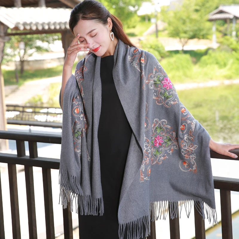 

Floral Embroidered Long Scarves and Wrap for women Brand Designer Casual Pashmina Scarf Fashion Cashmere Shawls Tippet Wholesale