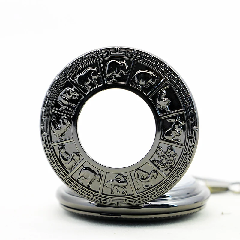 5pcs/lot Retro Mechanical Pocket Watch Men Hollow Skeleton Chinese 12 Zodiac Animals With Chain PJX1150 | Наручные часы