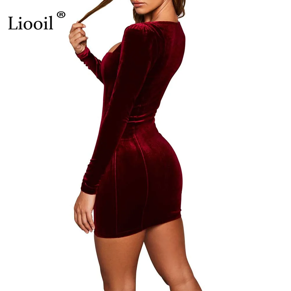 Liooil, сексуальное, черное, синее, бархатное мини платье, женская одежда,, высокая талия, облегающее платье, длинный рукав, квадратный воротник, платья для вечеринок