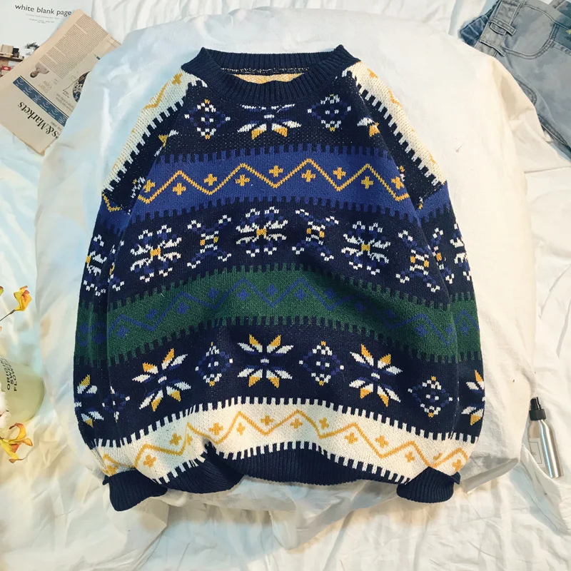 2020 Vintage Sweater Women Oversized Long Sleeve Loose O-Neck Knitted White Geometric Pattern Embroidery Sweaters Female | Женская