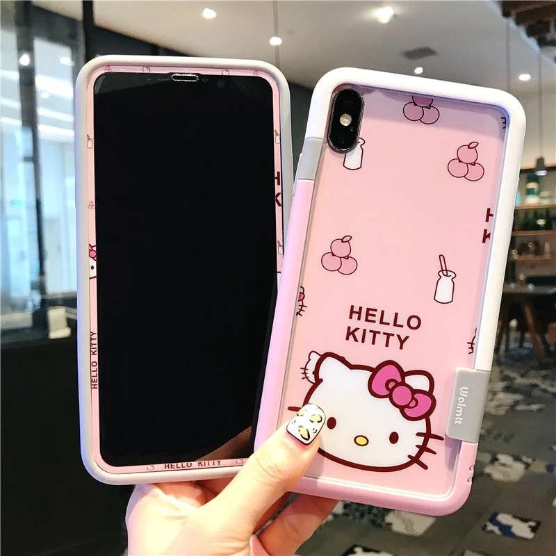 For iPhone XS max soft bumper + Kitty Tempered Glass Screen film ( Front &ampBack ) frame for X XR cartoon glass flim |