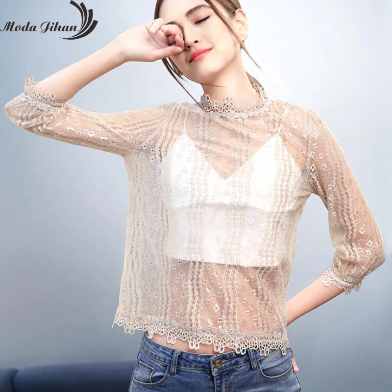 Moda Jihan женские пуловеры топы сексуальные прозрачные кружевные рубашки черные 3/4 с