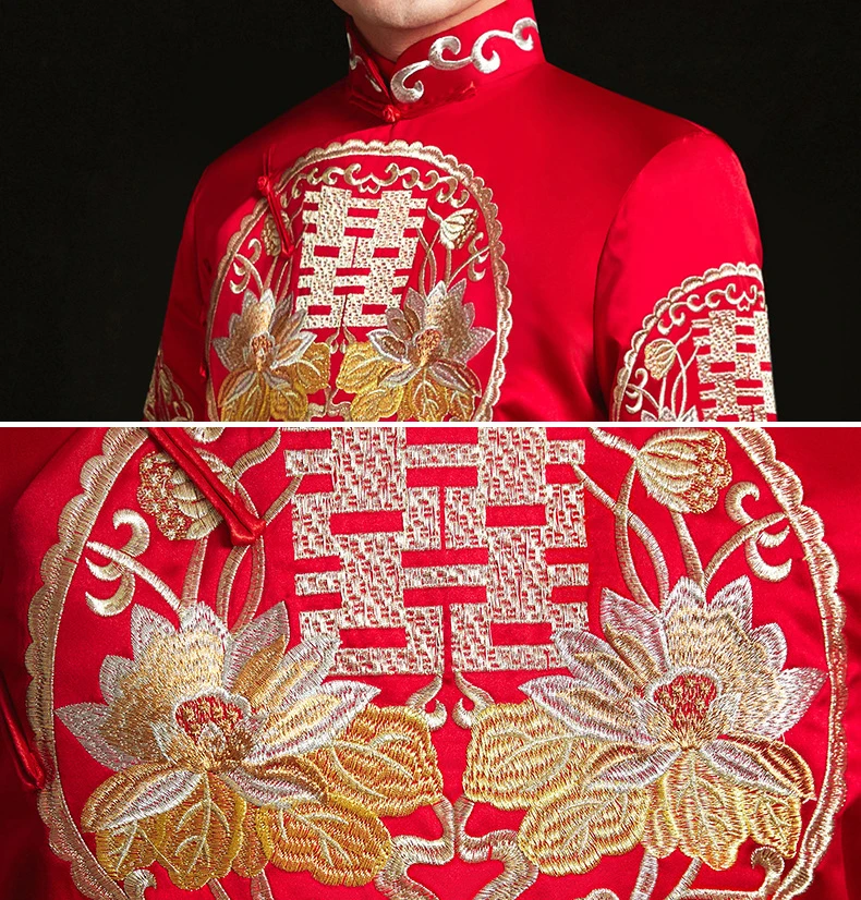 

chinese style Wedding mens toast costumes Gown red embroidery groom evening Long gown kimono bridegroom jacket tang suit Clothes