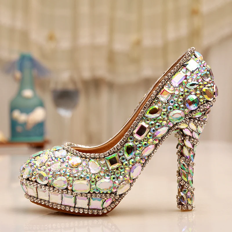 

AB Crystal Heels Luxury Diamond Platform Bridal Pumps Wedding Shoes Lady Sparkling Prom Party Shoes Mother of Bride Shoes