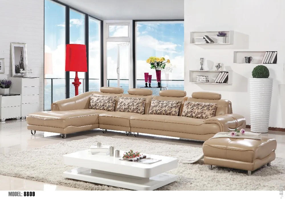 2017 современный дизайн бежевая гостиная из натуральной кожи секционный диван