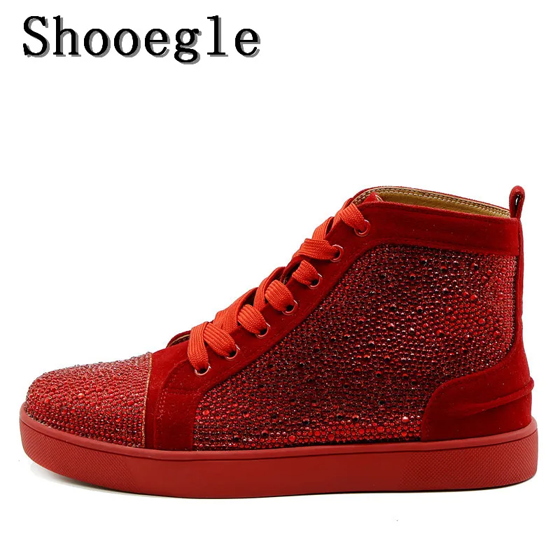 

SHOOEGLE Red Gold White Men Rhinestone Sneaker High-top Diamond Lace-up Ankle Boots Zapatillas Hombre Casual Shoes Man EU39-EU47