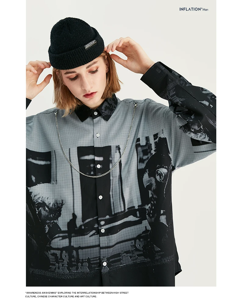 Inchaiton FW Новая мужская рубашка Harajuku Хип Хоп с длинным рукавом мужские рубашки с цифровой печатью свободная Мужская Повседневная рубашка бренд 92139W