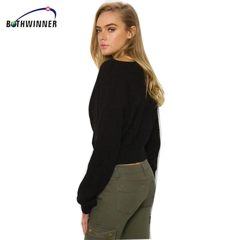 

Bothwinner Lace Up Waistband Knitted Pullover Sweater Women Black Warm Long Sleeve Jumper Autumn Winter 2017 Knitting Pull Femme