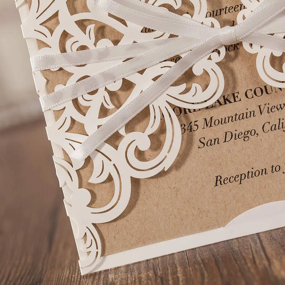 50Pcs Blue Laser Cut Wedding Invitations Cards Happy Birthday Gift Greeting Card with Envelopes and Handmade Ribbon Decorations | Дом и сад