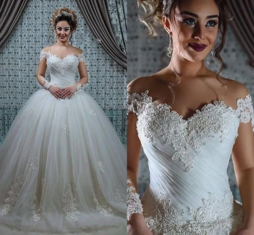 

Vestios De Novia 2019 Long Sleeves Winter Arabic Ball Gown Wedding Dresses Ruched Lace Applique Bridal wedding Gowns