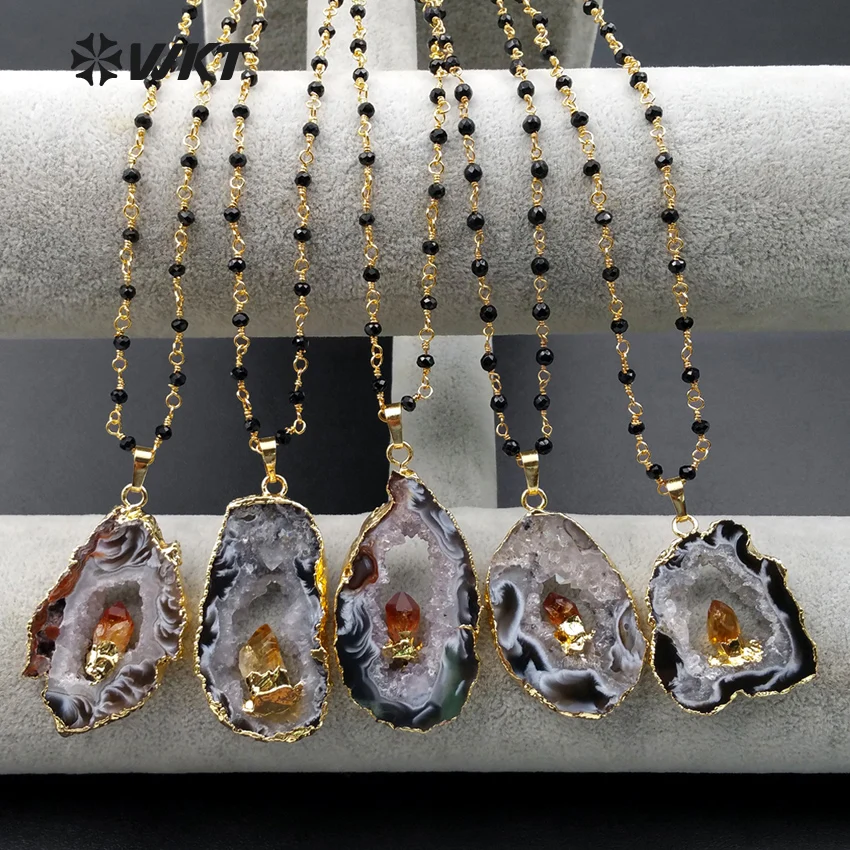 WT-N974 Wholesale Custom Natural Geode A g a t e With Charm Pendant Necklace Black Rosary Chain Trendy For Women | Украшения и