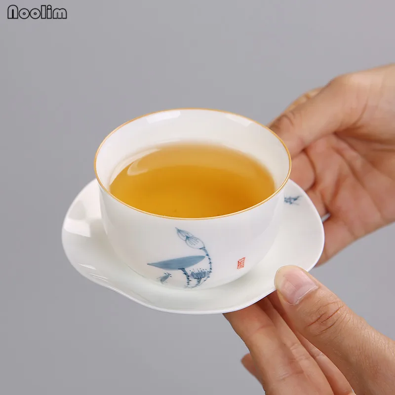 NOOLIM Ceramic Kung Fu Master Tea Cups White Porcelain Hand Painted Lotus Chinese Household Teacups Office Drinkware | Дом и сад
