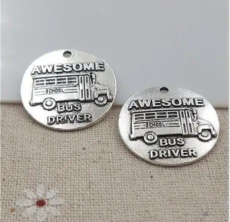 

High Quality 20 Pieces/Lot Diameter 25mm Antique Silver Plated Bus Embossed Awesome Bus Driver Bus Charm