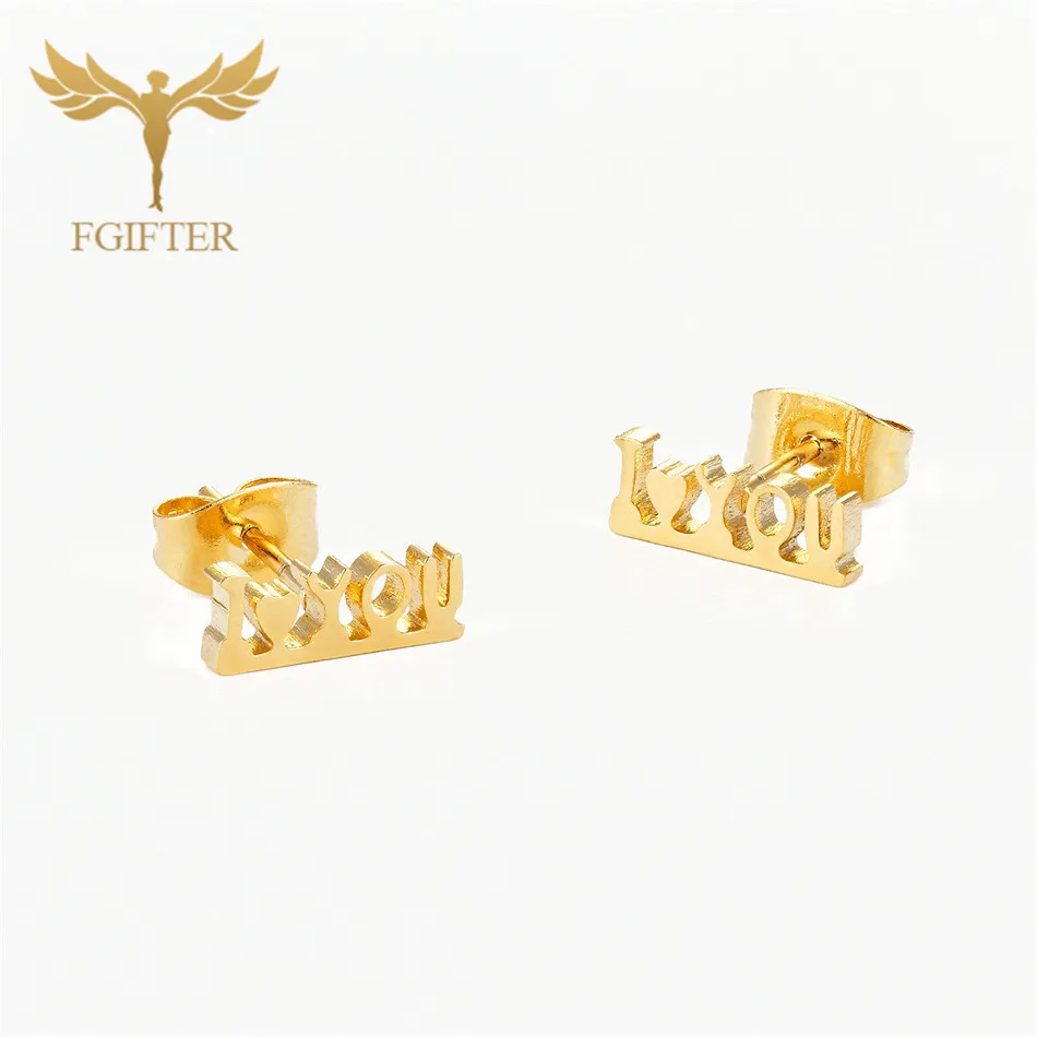 FGifter Romantic Love Word Earrings for Lovers Gold Color Steel Stud Earring Cute Small Studs Lover's Gifts Jewelry | Украшения и