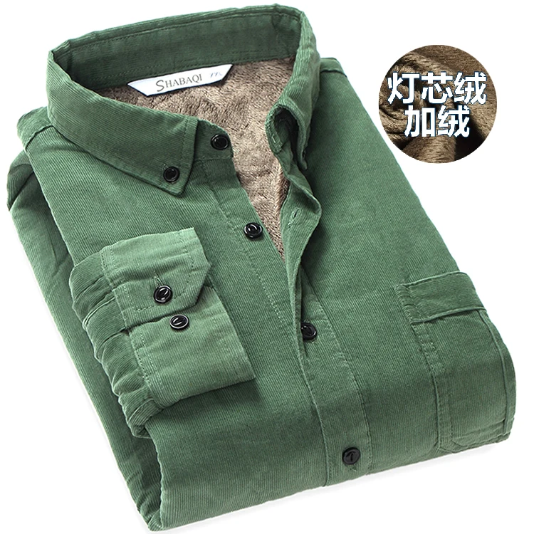 

Winter Fall Casual Men Fleece Warm Thick Green Khaki Corduroy Blouse Shirt , Man Male Long Sleeve Slim Fit 4xl Blouses Shirts