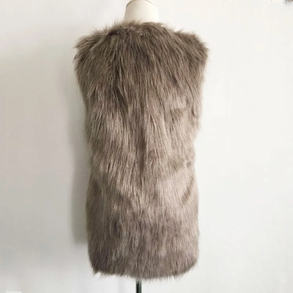 Для женщин коричневый плюс Размеры Искусственный мех жилет тонкий длинный
