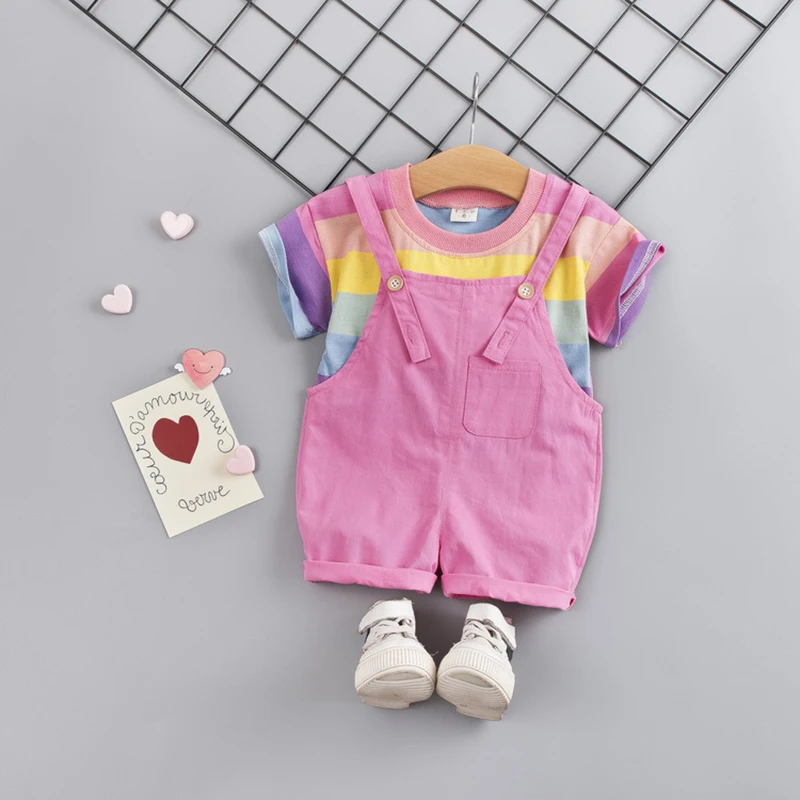 

Baby Boy and girl clothes clothing Set Newborn Infant Clothing Short Sleeve Rainbow T-shirt + Suspenders Suit children's Clothes