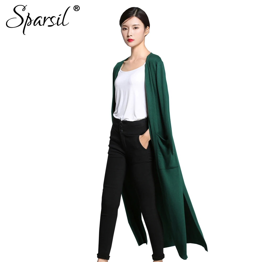 Sparsil Для женщин осень шерсть длинная Кардиганы для однотонные вязаные сторона Ил