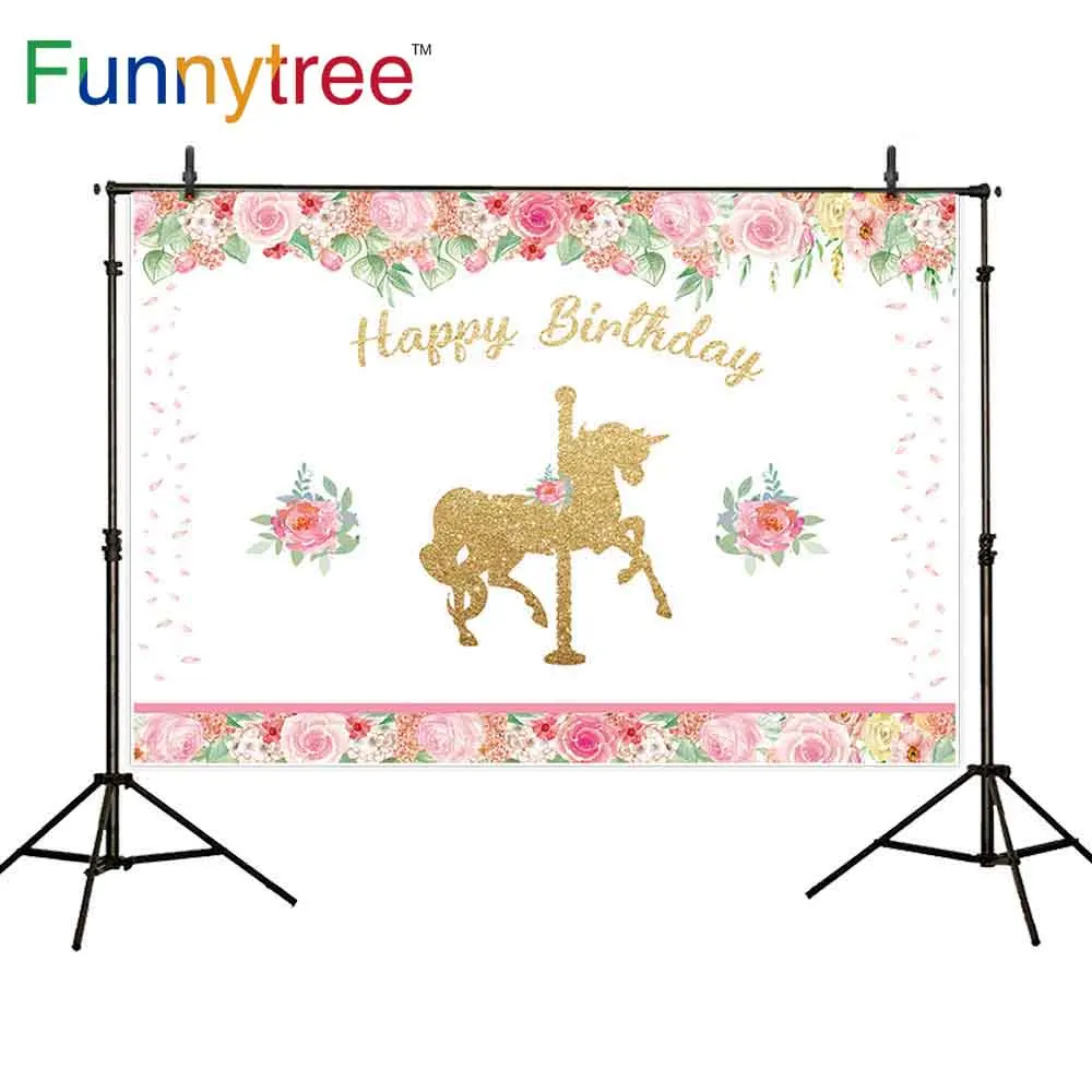 Фоны Funnytree для фотостудии карусель искусственный цветок золотой лошадь детский