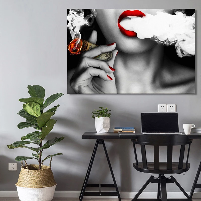 Modern Abstract Portrait Posters and Prints Wall Art Canvas Painting Women Smoke Money Oil on the Creative Decor | Дом и сад