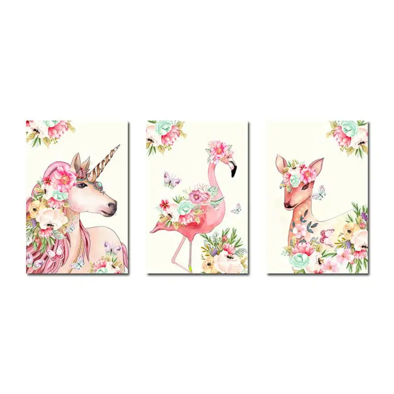 3 pcs Set Цветок Единорог Фламинго Холст плакат настенный художественный принт для детской картины на холсте скандинавские декоративные картины украшение для детской спальни - Цвет: 3 pcs Set