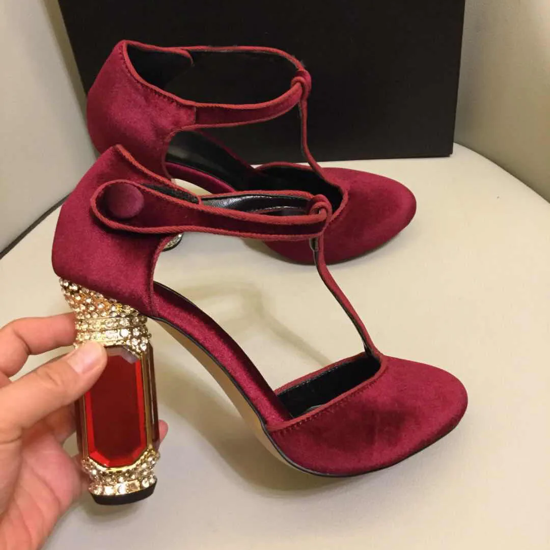 Red T strap Пикантные женские туфли-лодочки замшевые модельные туфли на высоком массивном каблуке с острым носком Весенняя повседневная обувь с Т-образным ремешком - Цвет: Red T strap