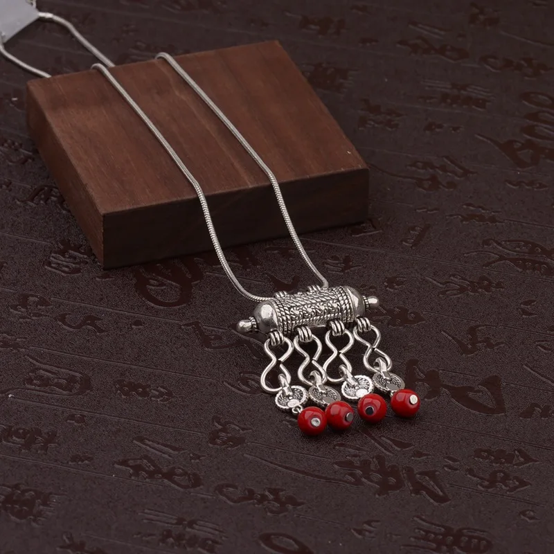 Womens Gypsy Jewelry Bohemian Ethnic Red Natural Stone Pendants Necklaces Metal Tibetan Sliver Color Chain Necklace For Women