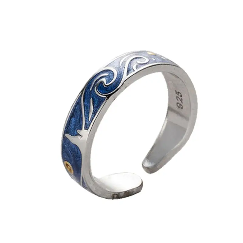 Men Ring S925 Серебряное покрытие Ван Гог звездное небо открытый любовник кольца группа романтические ювелирные изделия - Main Stone Color: Men Ring