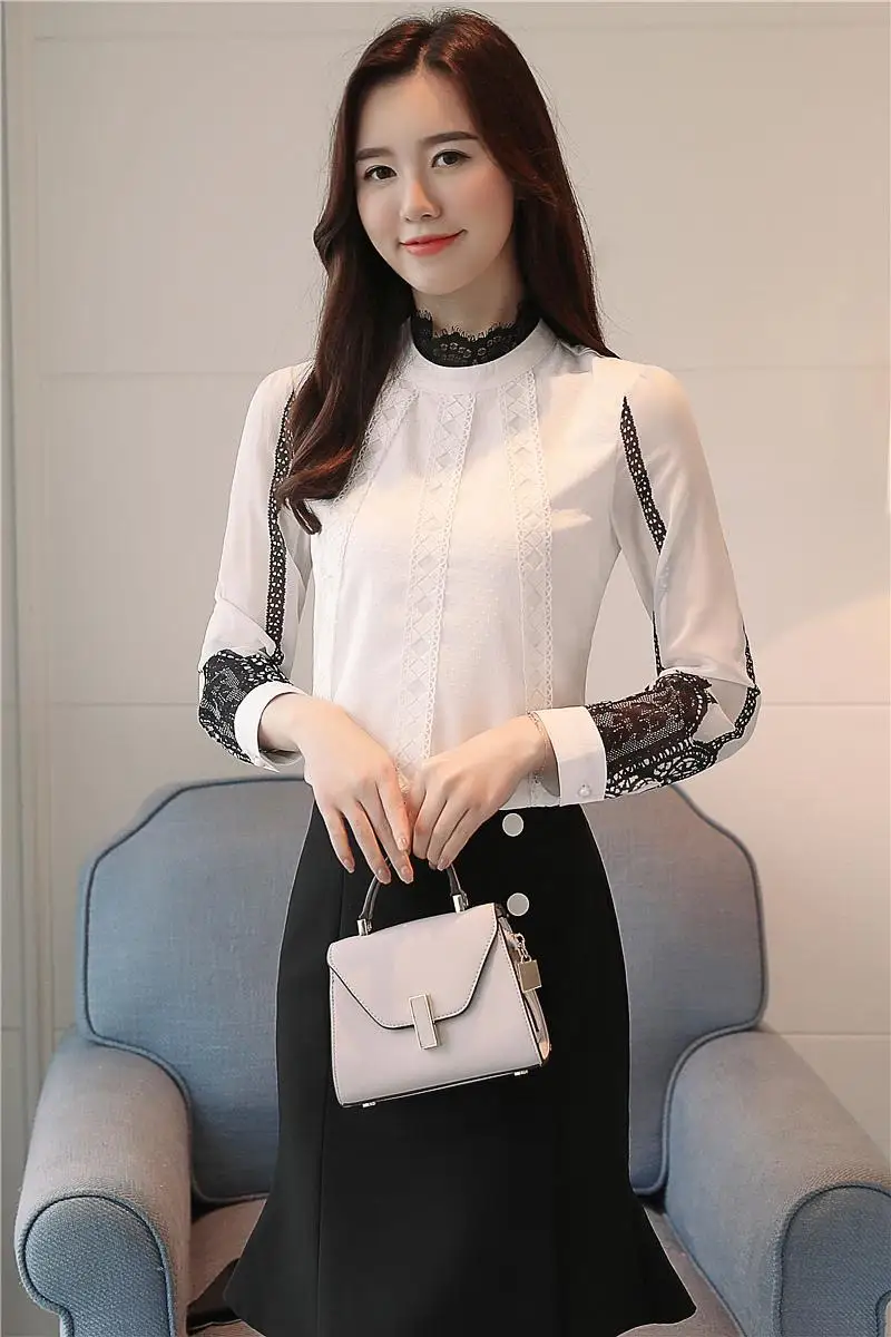 

2019 Women Spring Autumn Chiffon sexy Blouses Tops elegant office OL Shirts Ladies lace sleeve Blouse Femme Plus Size Blusas