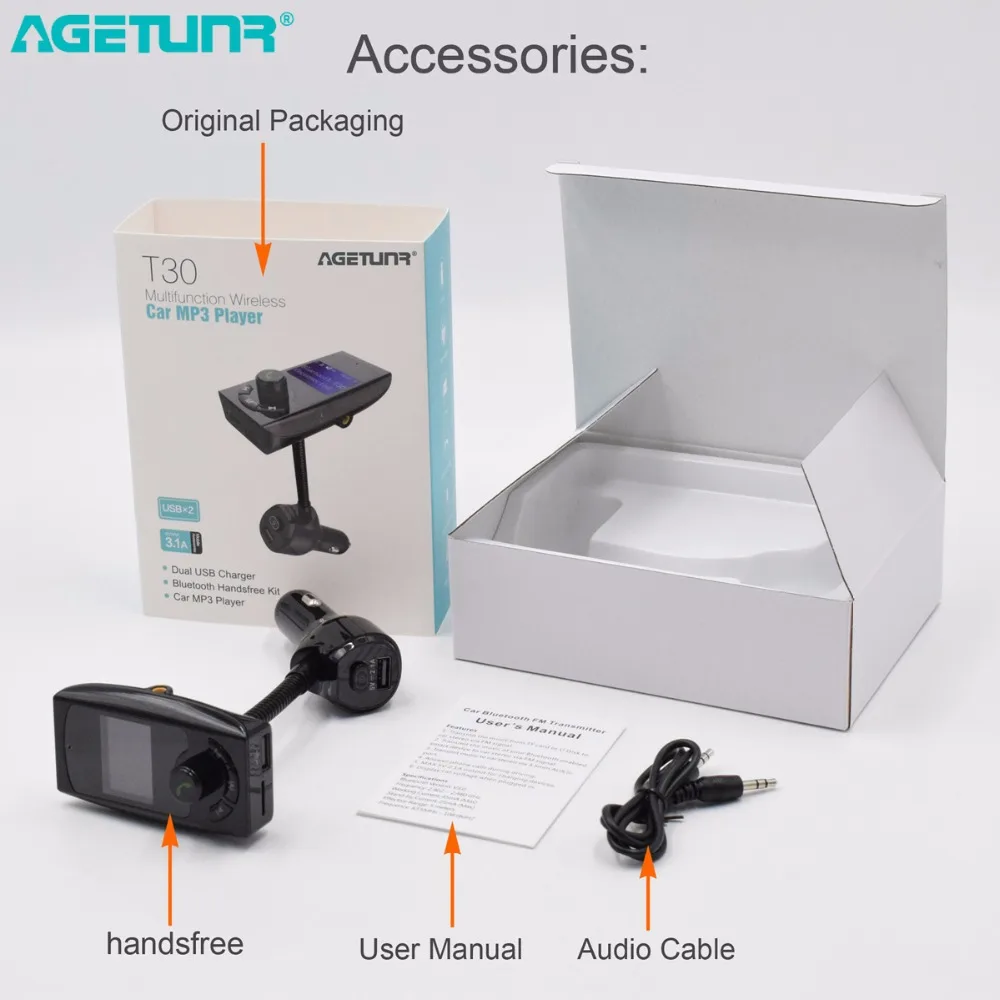 

AGETUNR T30 Bluetooth Car Kit Handsfree Set FM Transmitter MP3 Music Player 2 USB Car Charger With Switch Support U disk & TF SD
