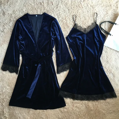 dark blue set Fiklyc брендовый бархатный женский зимний комплект из двух предметов, халат и платье, роскошное кружевное Сексуальное Женское ночное белье с v-образным вырезом, ночная рубашка+ халат, Новинка - Цвет: dark blue set