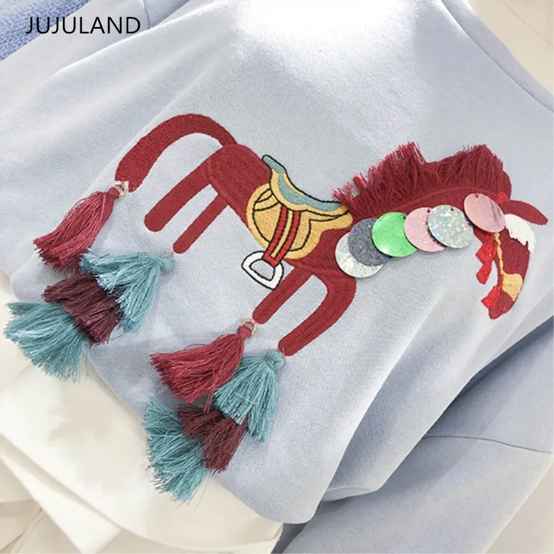 JUJULAND толстовки с вышивкой животных повседневные женские хлопковые Свободные