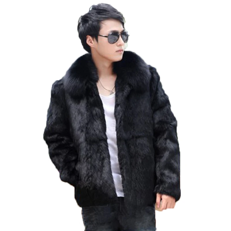 

Men Rabbit Fur Short Coat Fox Fur Collar Shearling 2020 Slim Business Jacket Top Brand Long Sleeve Zip Winter Black Outwear 4XL