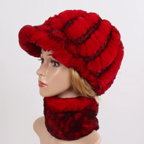 red Новое поступление Зимний Настоящий мех кролика шарфы головные уборы наборы для женщин вязанный натуральная шерсть шапка шарф Набор для женщин хорошая эластичная меховая шапка муфельная - Цвет: red
